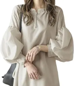 春　夏　秋　長袖　ロングワンピース　体型カバー　グレージュ　大きいサイズ　着痩せ
