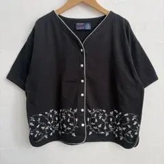 ビンテージ カットソー生地 ノーカラー 花柄刺繍 カーディガン トップス 古着のサムネイル