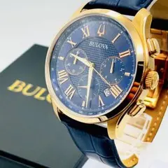 【極美品/箱】BULOVA ブローバ 紺色文字盤 革 クロノグラフ 97B170のサムネイル