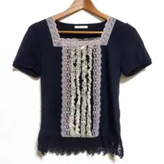 axes femme 黒 ブラック 可愛い レース装飾の半袖Tシャツ お洒落 M