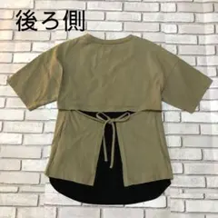 【AZUL by moussy】個性派Ｔシャツ半袖カーキ＆黒 後ろリボン