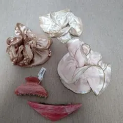ヘアアクセサリー５点セット シュシュ ヘアクリップ バレッタ ピンク 白