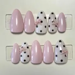 ネイルチップ ピンク 白ドット 春 リボン ガーリー 韓国 シンプル パステル
