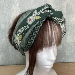 和風編み込みターバン　着物リメイク　ヘアバンド　クロスターバン　グリーン