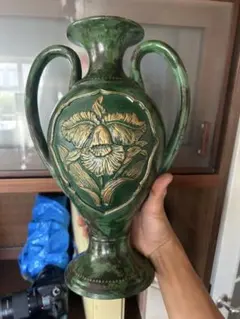 中古・汚れあり】銅壷 花瓶 花器 鋳芸 全長51cm青銅器風 双耳 獣面文