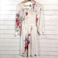 【美品】ワンピース　透け感　花柄　春夏　長袖　9号　M　パーティー　２次会コーデ