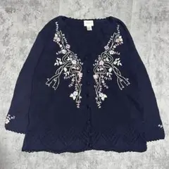 US古着　JENNY ニットカーディガン　花柄　刺繍　ネイビー　セーター