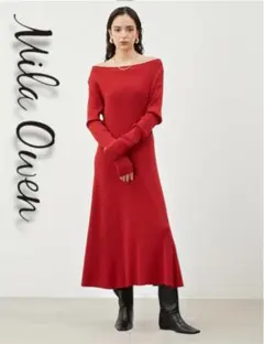 【新品】ミラオーウェン オフショルダーロングリブニットワンピース RED