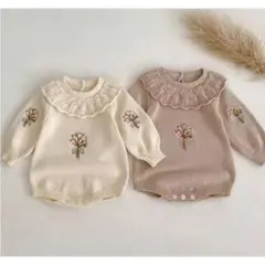 刺繍入りニット裏ボア付きロンパース(色選択可能)(70-100cmまで対応可能)