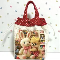 ハンドメイド♡ 手提げ付き巾着　わんこパネル ハートキルト