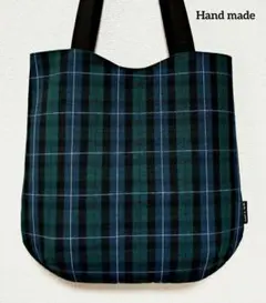トートバッグ　肩掛けトートバッグ 　チェック　ネイビー　ハンドメイド