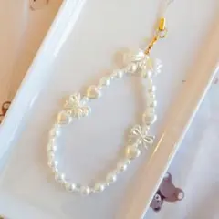 【No.97】ビーズストラップ ホワイトリボン パール調