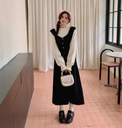 重ね着風　ワンピース　大きいサイズ レディース 秋冬　春 新品 長袖　ガーリー