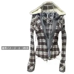 チェック柄 パーカー ボア フード付き ジップアップ 秋冬 レディース 細身