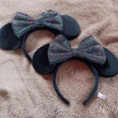 ディズニーミニーカラフルストーンリボン黒カチューシャお揃いセット