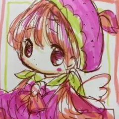 手描きイラスト。ハガキサイズ。イチゴ柄のデザインの女の子