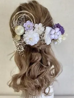 ホワイト＊パープル　つまみ細工 りぼん　和装 髪飾り 成人式 卒業式　浴衣