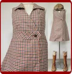 古着♪レトロ・茶チェックモッズワンピ♪Aライン毛70年代60年代ヴィンテージ