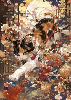 一作限り】月夜と大波に包まれた三毛猫 和風幻想アート A031 - メルカリ
