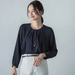 新品同様★ロートレアモン★透けにくいストレッチシフォンブラウス38M紺ネイビー