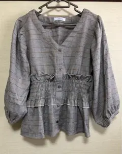 チェックトップス　七部袖