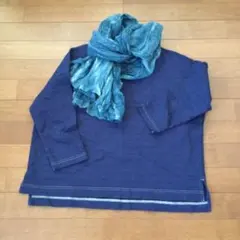 藍染ストールと無印良品　染め直しボーダーTシャツ　インディゴブルー　Mサイズ