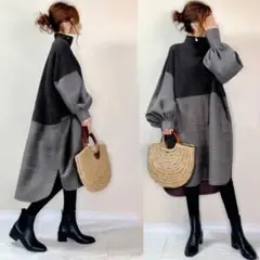 【在庫一掃】ワンピース 長袖 フリーサイズ ハイネック 体型カバー コクーン