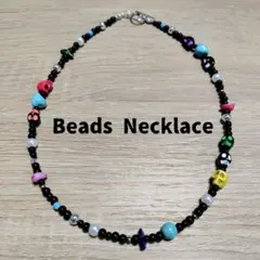 【約47cm】ネックレス　ターコイズ　ビーズ ドクロ　カラフル　パール　古着