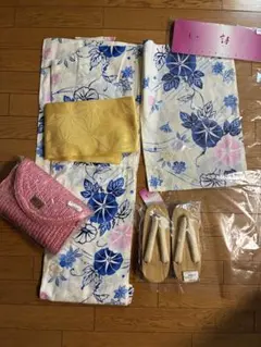 ボヌールセゾン浴衣 帯 下駄 バッグ 4点セット 朝顔柄　未使用のサムネイル