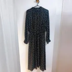 花柄長袖ノーカラーワンピース ネイビー 春 レトロ オフィスカジュアル