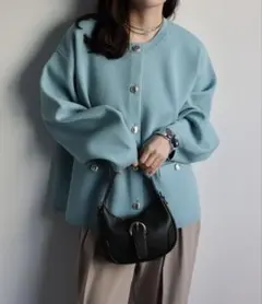 水色 ap retro ノーカラーニットカーディガン