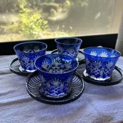 藍色 切子ガラス 曽根工芸　冷茶碗 茶托付 4客セット 和ガラス