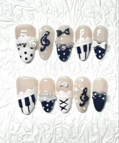 ネイルチップ／白月光系／透明感／ロリータ／お嬢様／フレンチ／Y2K 音符モチーフ