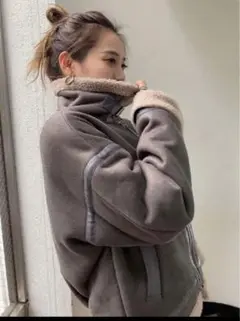 グレー ムートンコート サイズF エモダ　EMODA フェイクムートンブルゾン