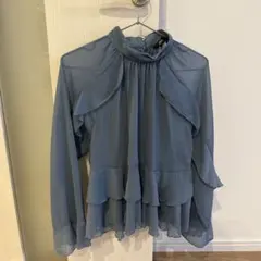 ZARA ハイネック フリルブラウス ブルーグレーのサムネイル