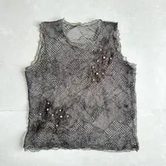 メッシュトップス シアー 花刺繍 ブラウン M