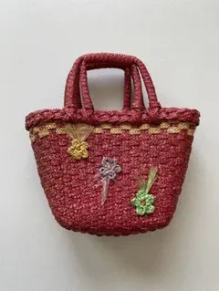 かごバッグ　赤　花