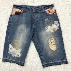 GUMU デニム　ダメージ加工　風神雷神 本革 和柄 Mサイズ相当大きめ