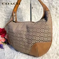 COACHコーチシグネチャー柄ベージュキャンバスハーフムーンワンショルダーバッグ