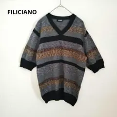 FILICIANO Vネック ニット 半袖 グレー ボーダー 秋 カジュアル