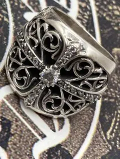 クロムハーツ　クラシックオーバルクロスリング指輪17号シルバー925 天然パヴェ