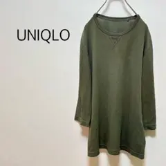 c0395【ユニクロ】ワッフル ロング丈 Ｌ カーキ ラウンドネック