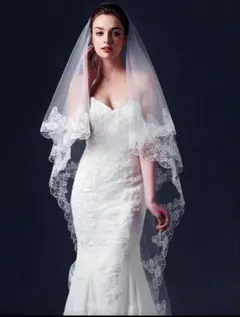 【新品未使用】結婚式 ウェディング ベール 刺繍総レース 2層 ホワイトのサムネイル