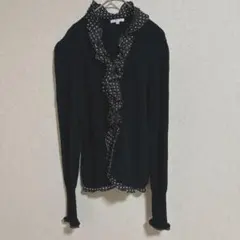 TO BE CHIC フリル ドット リボン カーディガン 黒 M〜L 上品のサムネイル