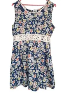 花柄ノースリーブフレアワンピース L