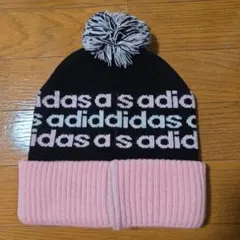 adidas アディダス ポンポン付き ニット帽 黒ピンク