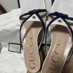 GUCCI リボン付きサンダル ホワイト・ネイビー　37.5