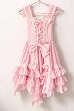 BODY LINE レースアップのリボンフリルジャンパースカート ピンク