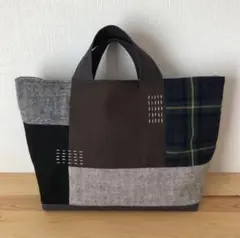国産 ヘンリボーン柄ウールリネンと綿麻タータンチェックの布合わせバッグ　緑