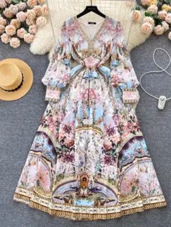 ロングワンピース　花柄　ドレス　長袖　パーティー　エレガント　大人　キレイ